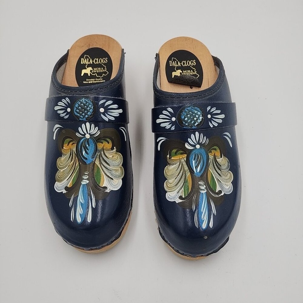 Dala Clogs Women's Wooden Shoes Blue Hand Painted Size 37 Dutch Holland